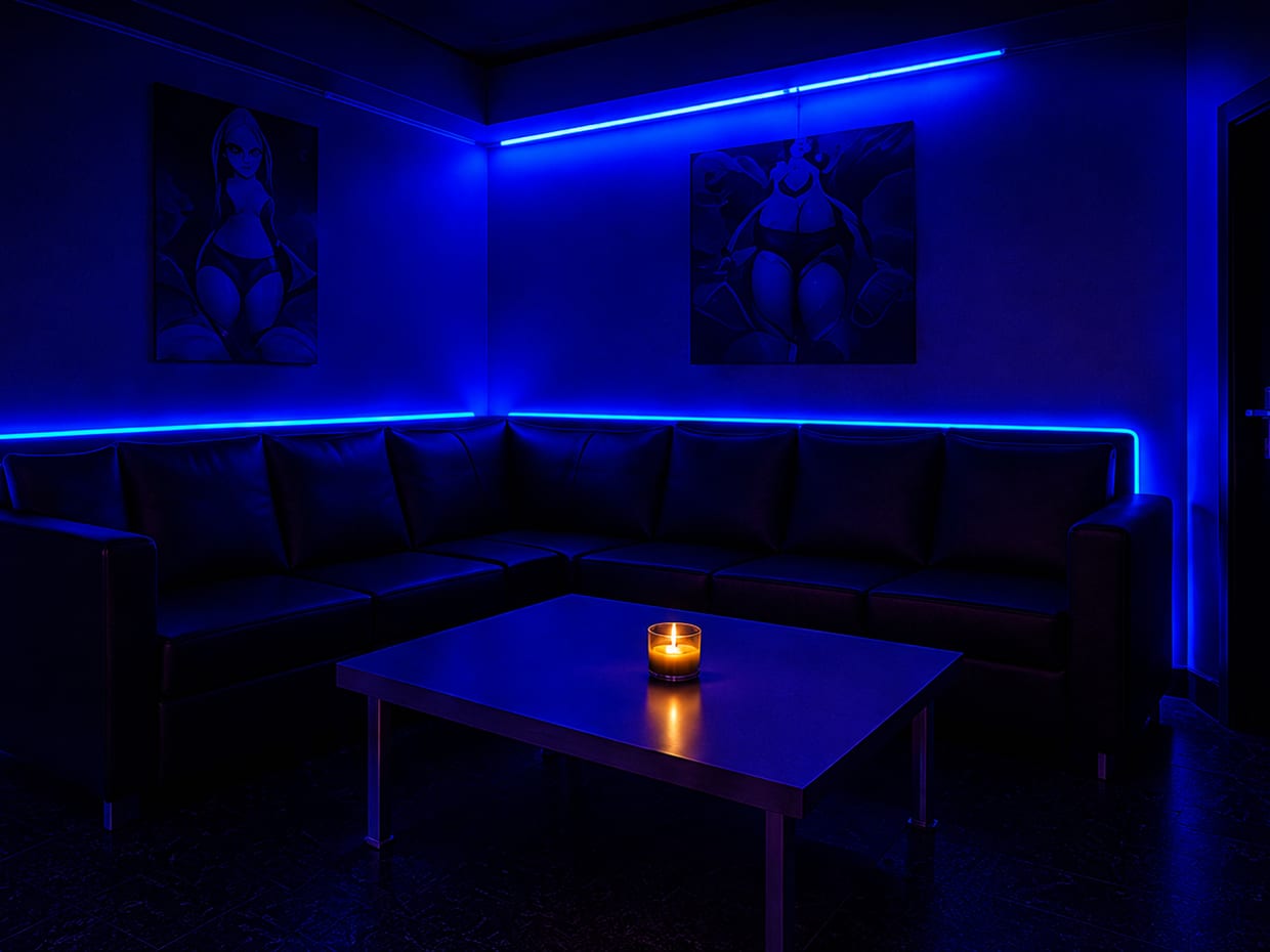 Sitzgruppe mit umlaufender Polsterbank, Tisch und blauem Lichtband